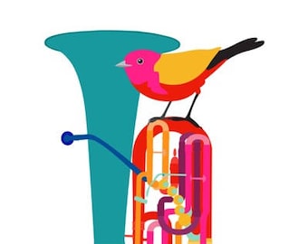 Music art print - Tuba - musical instrument, bird art print, Gift for Music Lover, Music Decor, Music Wall Art, Classical Music Poster