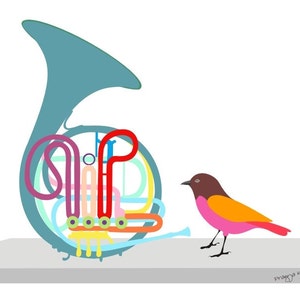 French Horn Art Print: Retro Music Poster, Bird Wall Art