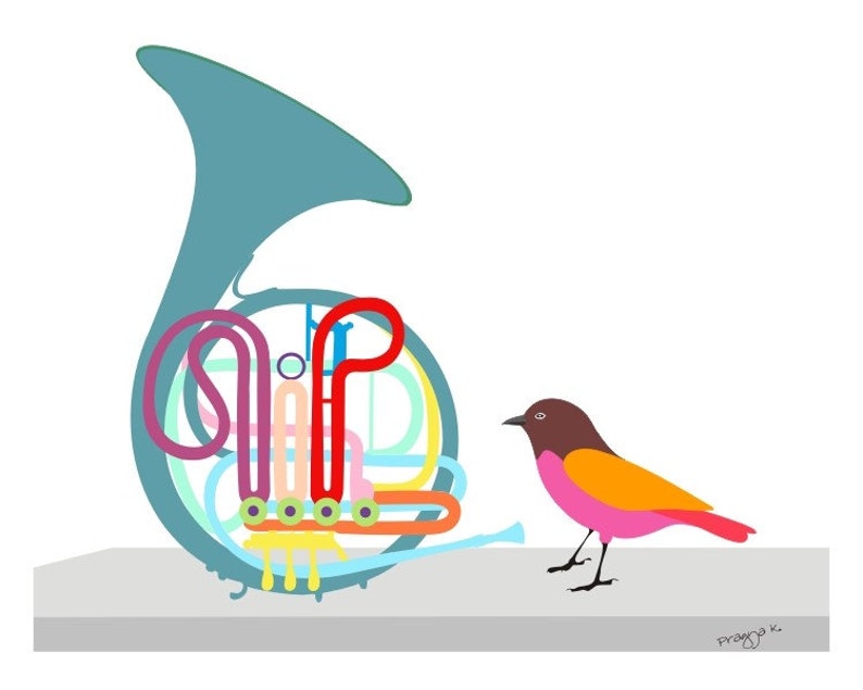 Music art print French Horn Print-musical instrument,bird art,french horn art,Classical Music Poster,Retro Music Poster,bird wall art print image 1