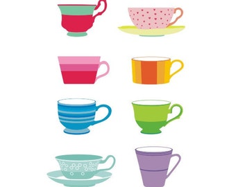 Colorful Tea Cups Art Print: Kitchen Wall Decor (Digital Print)