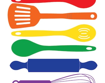 Colorful Kitchen Utensils Art Print: Spatula, Spoon, Whisk