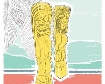 Travel poster, Hawaiian tiki wood carving, Big Island art, Honaunau National Park, Hawaii Art, Architectural Print, Gift for Him, City Print