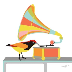 Music art print-Gramophone print-musical instrument,Rock Art,Record Art,music poster,bird wall decor,Phonograph Artwork,Gramophone Art Decor image 1