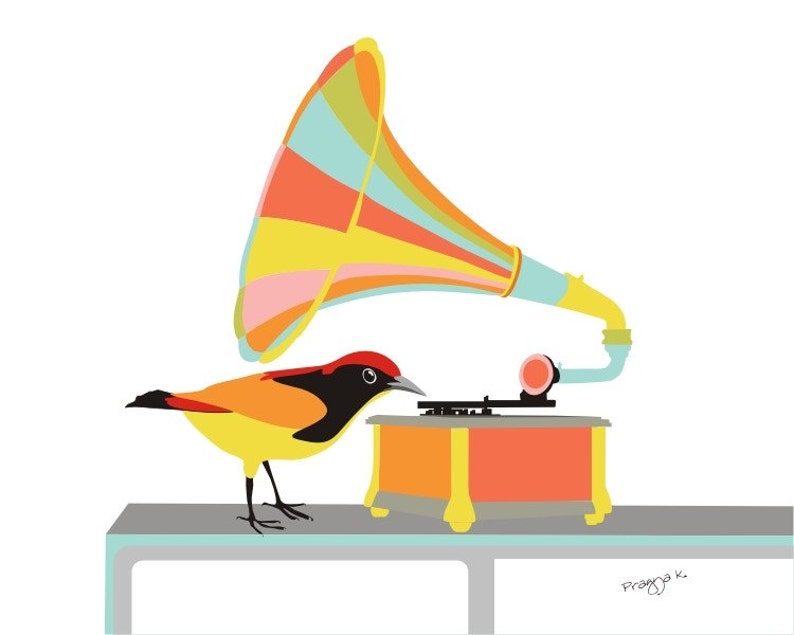 Music art print-Gramophone print-musical instrument,Rock Art,Record Art,music poster,bird wall decor,Phonograph Artwork,Gramophone Art Decor image 1