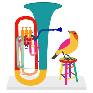 Impresión de arte de la música - Euphonium - instrumento musical, impresión de arte de pájaro, regalo para el amante de la música, decoración de la música, arte de la pared de la música, cartel de la música clásica,