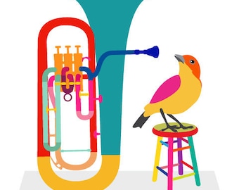 Music art print - Euphonium - musical instrument,bird art print,Gift for Music Lover,Music Decor,Music Wall Art,Classical Music Poster,