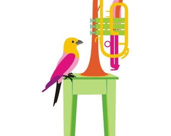 Music art print - Cornet - colorful musical instrument,bird wall art,Music Wall Art,Rock and Roll art print,Music art print,Musician Gift,