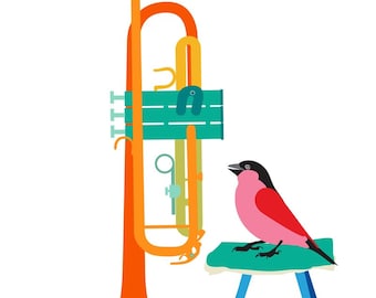 Music art print - Trumpet - musical instrument, bird art print, Gift for Music Lover, Music Decor, Music Wall Art, Classical Music Poster