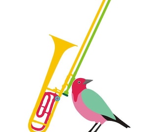 Music art print -Trombone - musical instrument,bird art print,Music Musician Musical Art Print,Instrument Wall Art,Music Poster,Band Art