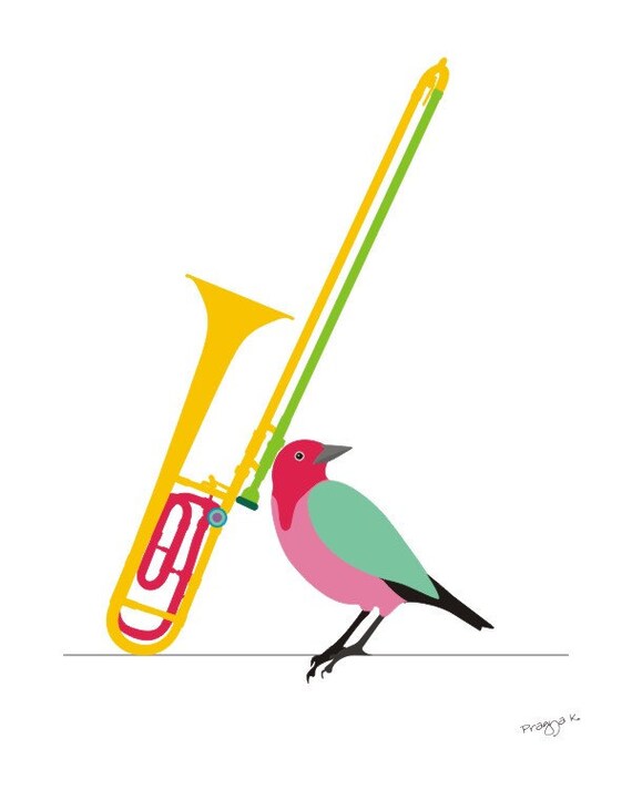 Music Art Print trombone Musical Instrumentbird Art Etsy
