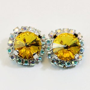 Yellow Clip Earrings, Crystal Clip Ons, Canary Yellow Rhinestones, AB Halo Clip Earrings, Yellow Wedding Jewelry, Silver, Sunflower, SE97