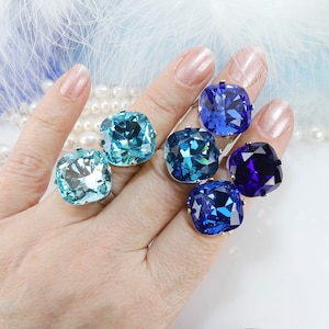 Royal Blue Crystal Ring, 18mm Cushion Cut Statement Ring, Sapphire Aquamarine Adjustable Ring, Bold Stage Jewelry, Something Blue Bride GR90