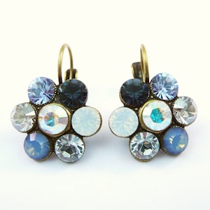 Navy Blue Crystal Earrings Bridal Something Blue Flower white AB drop earrings Blue shades European crystals Rhinestones, Brass,JEANS, BE43