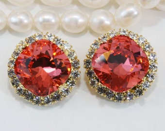 Coral Clip Earrings Coral Clip On Bridal Earrings European Crystal Watermelon Pink 12mm Square Cut Bridesmaids Gift,Gold,Padparadscha,GE123