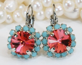 Coral Turquoise Earrings Coral Aqua blue Drop Bridal Earrings European Crystal Leverback Rhinestones Earrings,Silver, Padparadscha,SE96