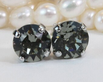 Grey Stud Earrings,Grey mens Jewelry Crystal Black Diamond Post earrings studs, Grey Wedding Bridesmaids Gift 8mm,Silver,Black Diamond,SE1