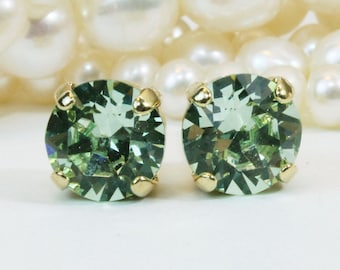 Mint Stud Earrings Green Bridesmaids Single Stone Crystal Studs Pale Post Earrings 8mm studs Mint Green Wedding,Gold,Chrysolite,GE1