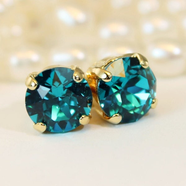 Teal Green Studs, Peacock Blue Zircon Earrings, Studs For men, Peacock green Jewelry, Crystal post earrings, Gold Finish, BLUE ZIRCON, GE1