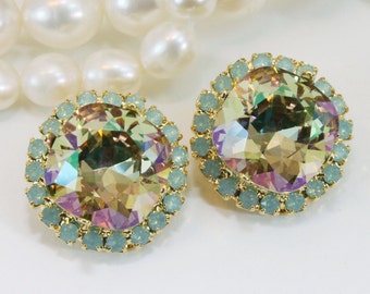 Mint Clip on Earrings Bridal Mint Opal European Crystal Earrings Mint Bridesmaids Gift 12mm Square Cushion Cut,Gold,Luminous Green,GE123