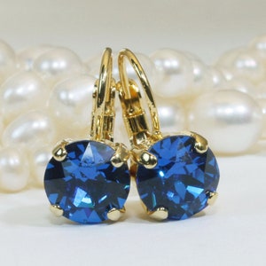 Royal Blue Earrings Gold Cobalt Blue European Crystal Electric Blue 8mm single stone Drop Earrings Rhinestones,Gold finish,Capri Blue,GE2 image 1