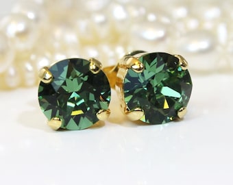 Green Stud Earrings Bottle Green Men Single stone Green Post Earrings Sea glass Bridesmaids 8mm studs Wedding Jewelry, Gold,Erinite,GE1