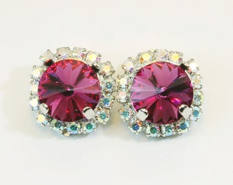 Fuchsia Clip On Earrings, Pink 10mm Crystal Clip Ons, Bridal Magenta Earrings, Magenta Wedding Jewelry, Gift for Her, AB Halo, Silver, SE97