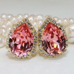 Coral Clip auf Kristallohrringe Braut Teardrop Rosa Pfirsich Europäische Zustand Goldohrringe Brautjungfern Clip Halo Ohrring, Gold, Rose Pfirsich, GE124