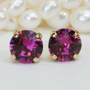 フクシア スタッド イヤリング ピンク ヨーロピアン クリスタル スタッド フクシア ポスト イヤリング フクシア ウェディング シングル ストーン ピンク 8 mm スタッド、ゴールド仕上げ、フクシア、GE1