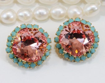 Clip On Earrings Turquoise Coral Aqua Coral Bridal Earrings European Crystal Pink Peach Bridesmaids 12mm Square Cut,Gold,Padparadscha,GE123