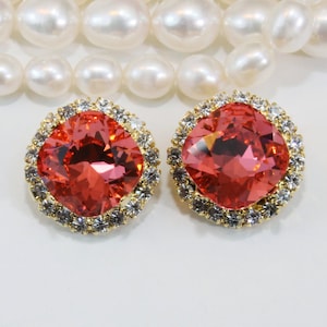 Schaumkoralle Ohrclips Ohrclips Braut Ohrringe European Crystal Wassermelone Rosa 12 mm Quadratischer Schnitt Brautjungfern Geschenk, Gold, Padparadscha, GE123