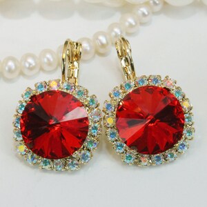 Red Earrings Cherry Crystal Bridal Valentine&#39;s Jewelry Gift For Woman Ruby Drop AB Rhinestone Christmas Gift For Her 14mm Halo,Gold,GE110