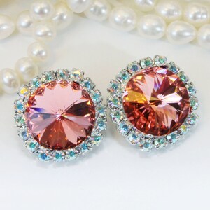 Coral Clip Earrings European Crystal Bridal Peach Pink AB Rhinestones Coral Wedding Jewelry 14mm Halo Salmon Pink,Silver,Rose Peach,SE110