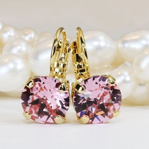 Light Pink Crystal Earrings European Pale Pink Single stone Drop Earring Wedding Bridal Jewelry Pink bridesmaids Gift,Gold,Light Rose,GE2
