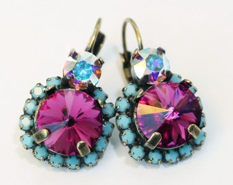 Boucles d’oreilles rose turquoise Fuchsia Boucles d’oreilles turquoise Cristal européen Aqua Bleu Rose Goutte Halo Boucles d’oreilles Fuchsia Mariage, Laiton, Fuchsia, BE102