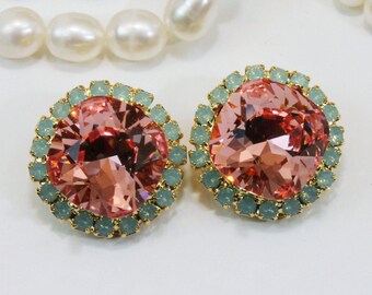 Mint Coral Clip on Earrings Mint Peach Pink Bridal Crystal Earrings European Mint Bridesmaids Gift 12mm Square Cut,Gold,Rose Peach,GE123