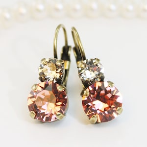 Pendientes de dama de honor color melocotón, color melocotón rosa, cristales europeos de seda color salmón pálido, pendientes de boda coral, diamantes de imitación de 6 mm y 8 mm, latón, MELOCOTÓN, BE3