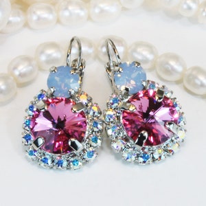 Blue Pink Earrings European Crystal Earrings Opal Blue Rose Milky Air Blue Bridal Drop Earrings AB Halo,Pink Blue Wedding,Silver,Rose,SE102