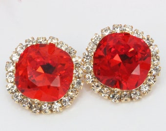 Red Clip Earrings Cherry Ruby Christmas Clip On Non-Pierced Bridal Cushion Cut Crystal Bridesmaids Jewelry 12mm Square,Gold,Light Siam,GE123