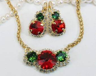 Christmas Jewelry Set, Red And Green Necklace, Xmas Gift For Her, Festive Earrings, Cocktail Rings, Rhinestone Earrings And Necklace, GN80