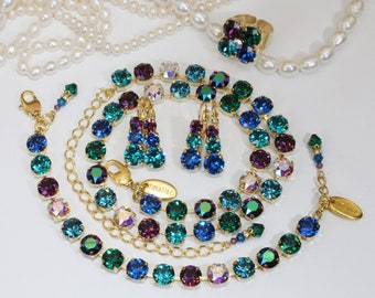 Peacock Jewelry Set Swarovski Crystal Peacock Bride Peacock Bridesmaids gift Peacock Wedding Multicolored Set Bridal Matching Earrings,Gold