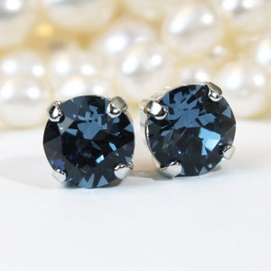 Navy Blue Stud Earrings, Dark Blue Crystal Earrings, Stone Post Earrings, Bridal Stud Earrings, 8mm Studs, Bridesmaid Gift, Rhinestone, SE1