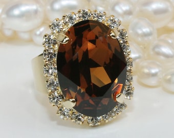 Brown Topaz Ring, Smoked Topaz Ring, Cocktail Ring, Brown Gemstone Ring, Oval Halo Ring, Large Crystal Ring, Godmother Gift, Jewelry  GR39