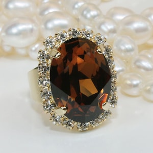 Brown Topaz Ring, Smoked Topaz Ring, Cocktail Ring, Brown Gemstone Ring, Oval Halo Ring, Large Crystal Ring, Godmother Gift, Jewelry  GR39