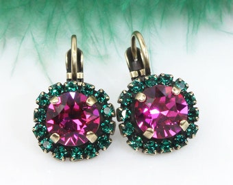 Green And Fuchsia Drop Earrings, Pink And Emerald Green Earrings, Hot Pink Bridal Earrings, Wedding Earrings, Dangle Crystal Earrings, BE96