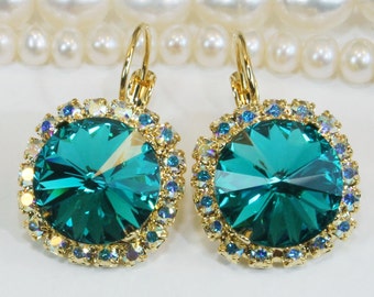 Peacock Drop Earrings Bridal Teal Green European Crystal 14mm Bridesmaids Peacock Wedding Dangle Matching Necklace,Blue Zircon,Gold,GE98