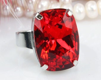 Robijnrode kristallen ring, kersenrode cocktailring, statementringen, geboortesteen juli, rode rechthoekring, kerstsieraden, cadeau voor haar, SR10