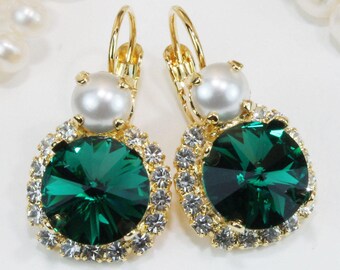 Emerald Pearl Earrings, Green Wedding Jewelry, Bridal Drop Earrings, Wedding Guest Earrings, June Birthstone Jewelry, Dangle Earrings, GE102