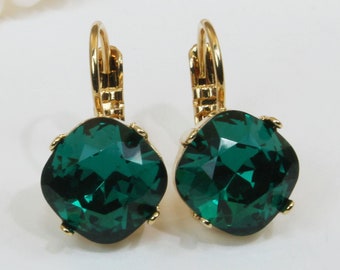 Emerald Drop Earrings Emerald Green Bridesmaids Bridal Dangle Earrings European Crystal Emerald Wedding Cushion Square,Gold,Emerald,GE127