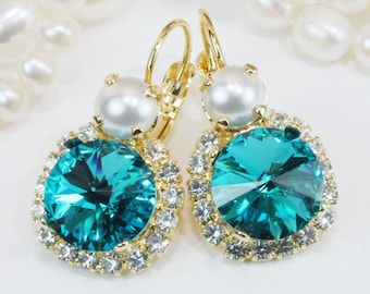 Teal Pearl Earrings Bridal Teal Blue Crystal Drop Earrings European White Bridesmaids Aqua Blue Green Beach Wedding,Gold,Blue Zircon,GE102