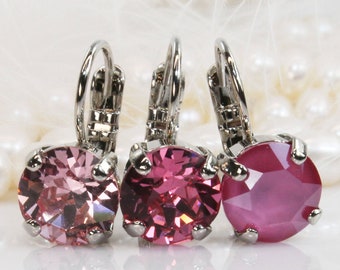 Pink Earrings Dangle Drop Pink Gold Bridesmaids Gift European Crystal Rhinestones Valentines Pink Wedding Rose Pink single stone,Silver,GE2